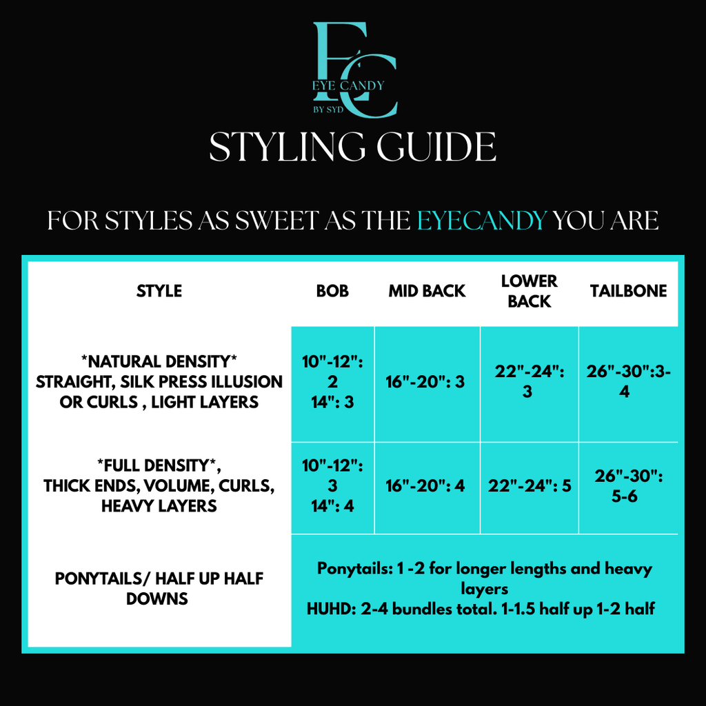 Styling guide for hair extensions with measurements and styles on a black background